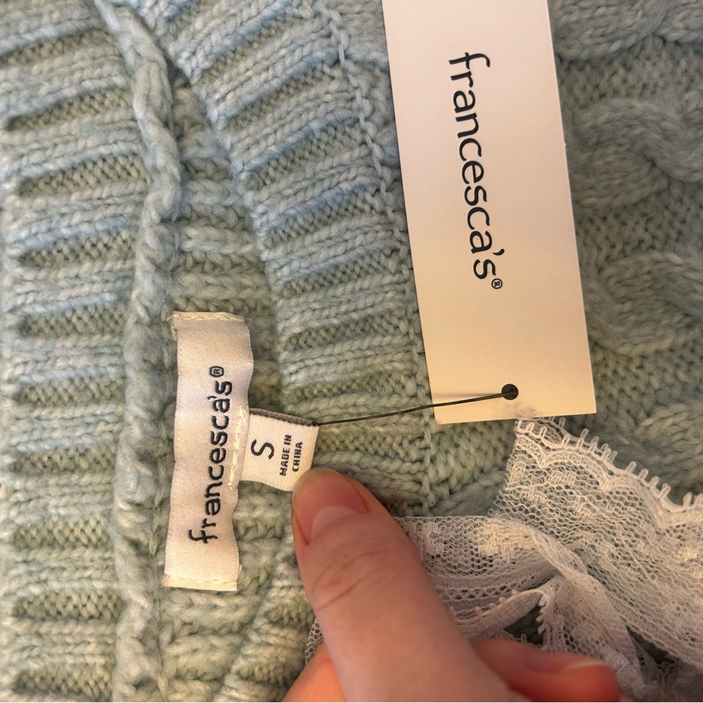 Francesca's Light Blue Cable Knit Sweater Dress White Lace Accents Women’s Small - Picture 4 of 8
